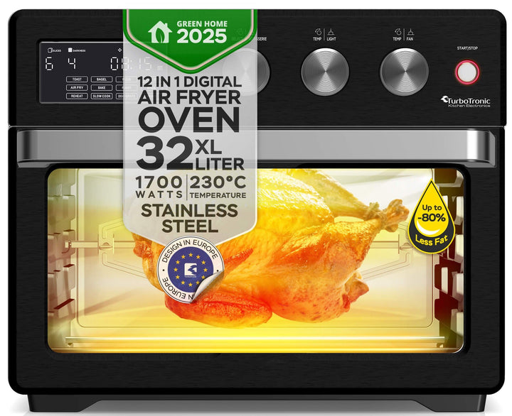 TurboTronic digitaler Heissluftofen - XXL 32 Liter mit Drehspiess für Hähnchen 5 in1 Mini Backofen,