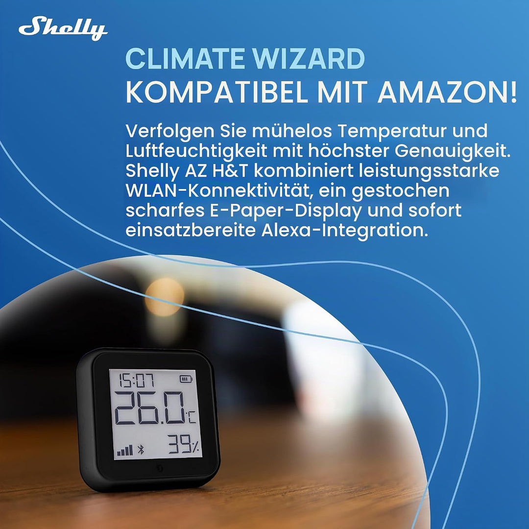 Shelly AZ H&amp;T Schwarz, WLAN Smart Temperatur- und Feuchtigkeitssensor, Schnelle Verbindung mit Alexa
