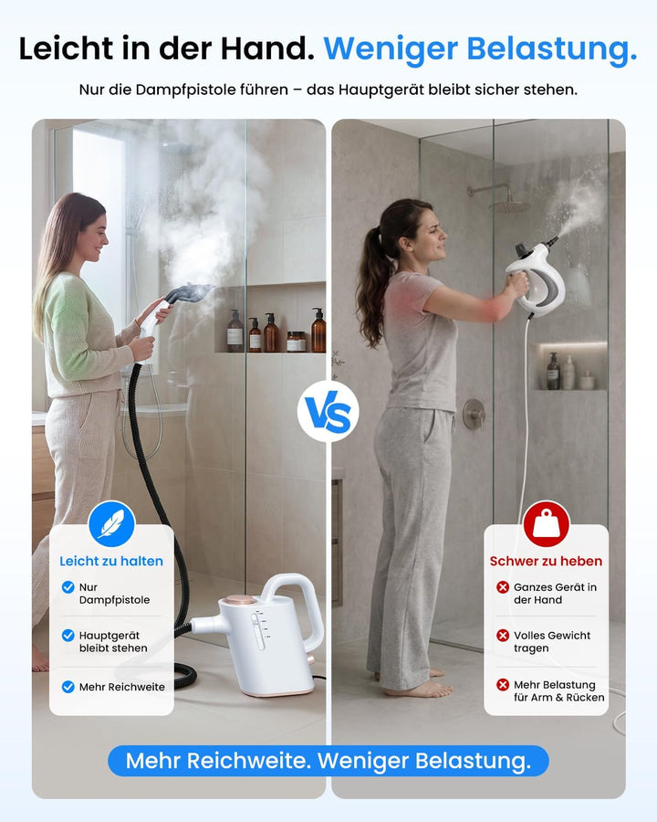 Dampfreiniger Handgerät, 15 Sek. Aufheizzeit, 550 ml Wassertank | 16 Zubehörteile, regulierbarer Dam