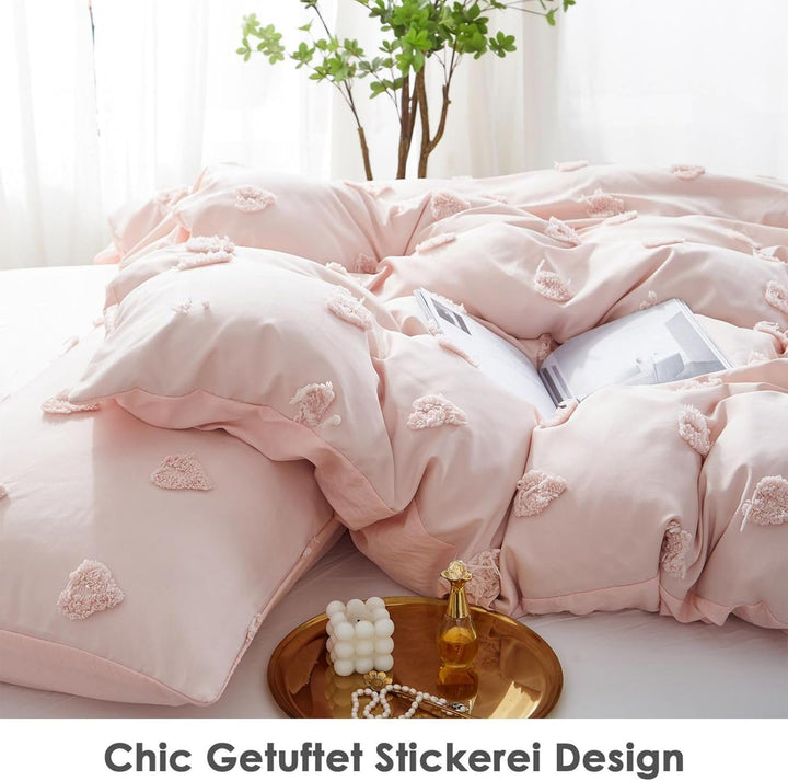 Freyamy Boho Bettwäsche 135x200cm Rosa Getuftet Herz Bettwäsche-Sets Stickerei Shabby Chic Bettwaren