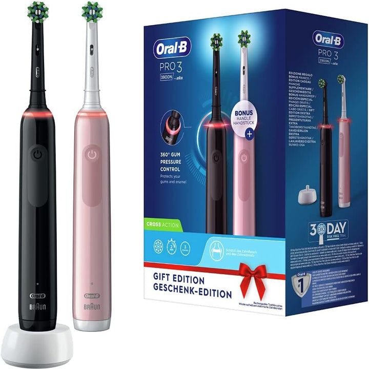 Oral-B Pro 3 3900 Elektrische Zahnbürste, 2 Stück, mit 2 wiederaufladbaren Griffen, Braun-Technologi