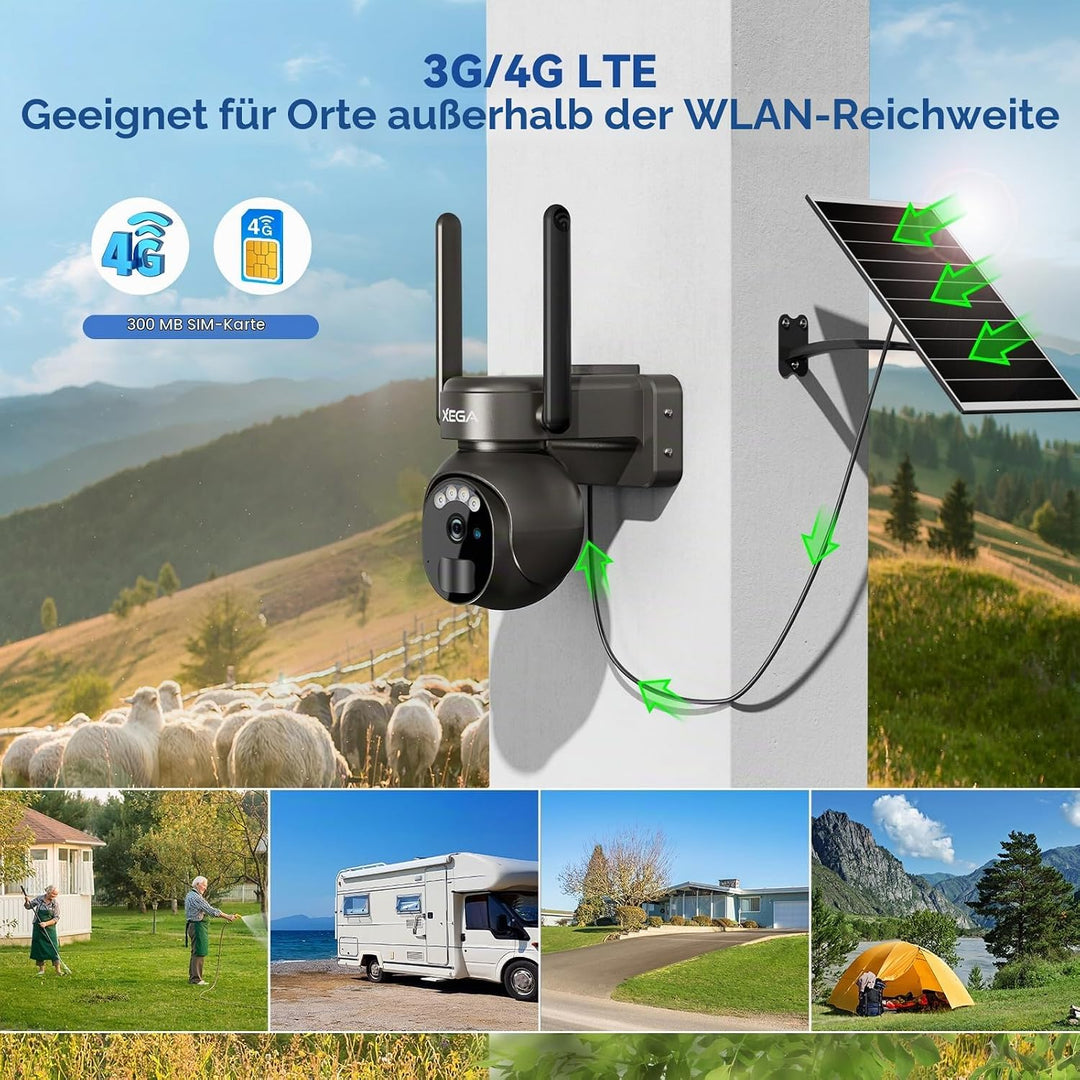 Xega 4G LTE Überwachungskamera Aussen Solar mit SIM Karte - 2K HD 3MP PTZ Kabellos Kamera Ohne WLAN