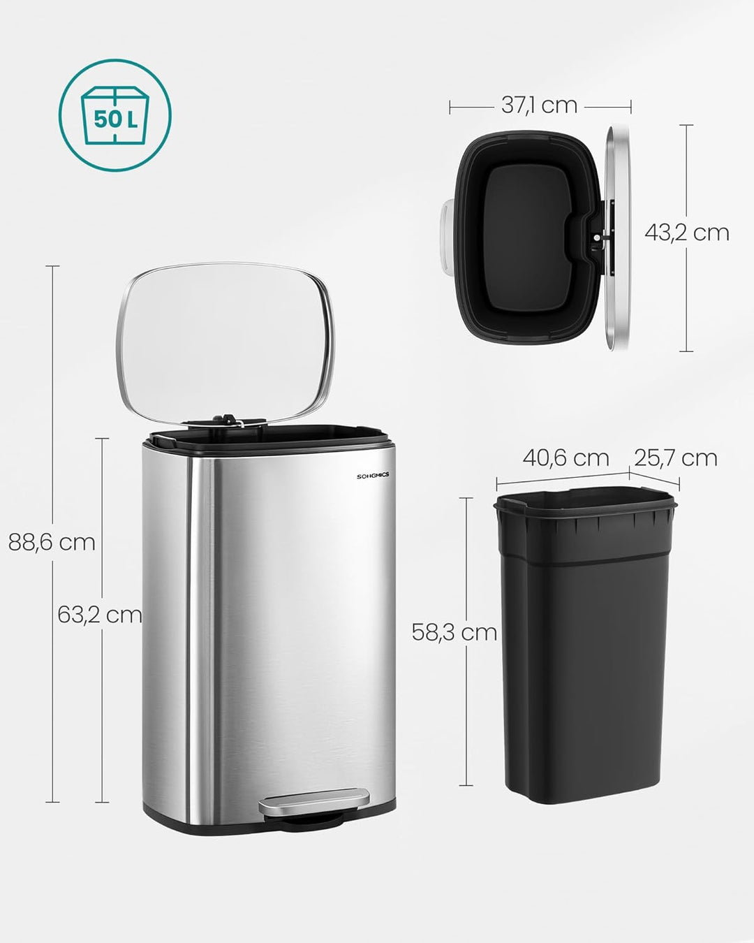 SONGMICS Mülleimer Küche, 50 Liter, Abfalleimer, Treteimer, mit Deckel, Softclose, Fusspedal, Stahl,