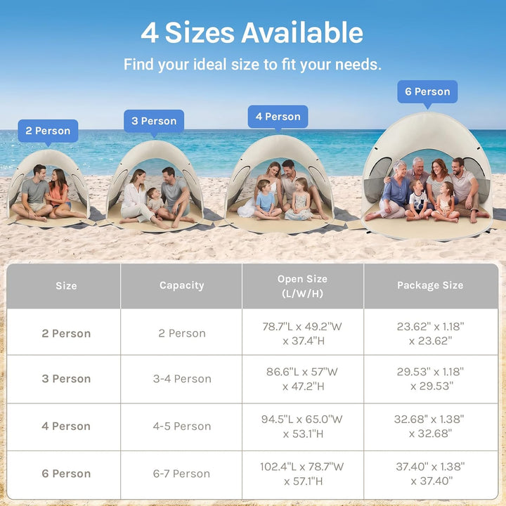 Wolfwise Pop Up Strandmuschel für 6 Personen, Sofort Aufbau, UV-Schutz 50+, Wasserabweisend, Belüfte