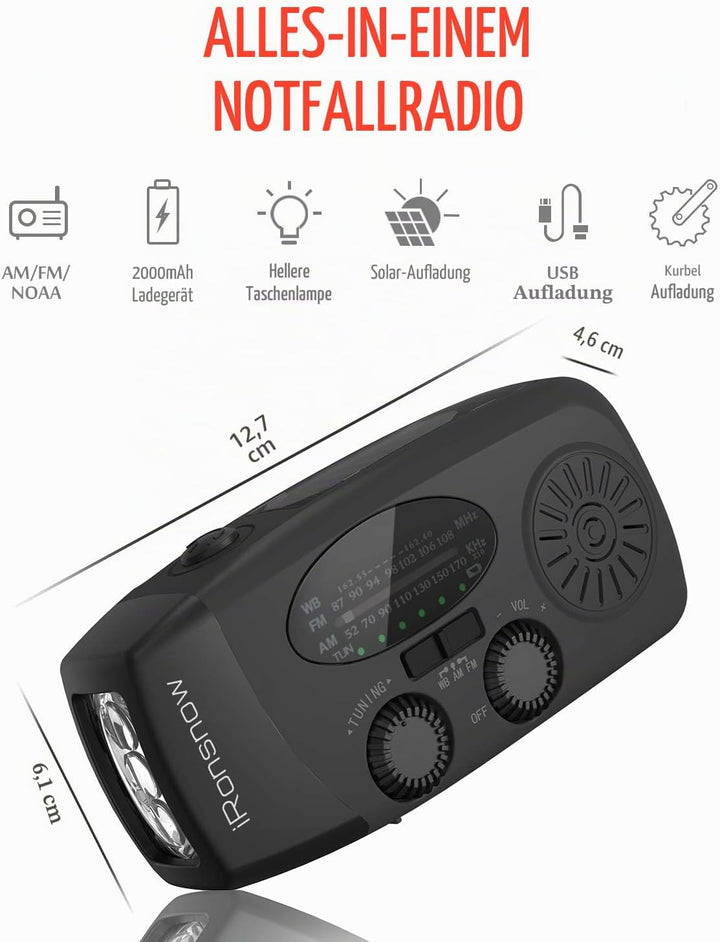 iRonsnow Notfall-Solarradio, Tragbare Kurbelradio mit LED-Taschenlampe, SOS-Alarm, AM/FM/WB Solar Wi