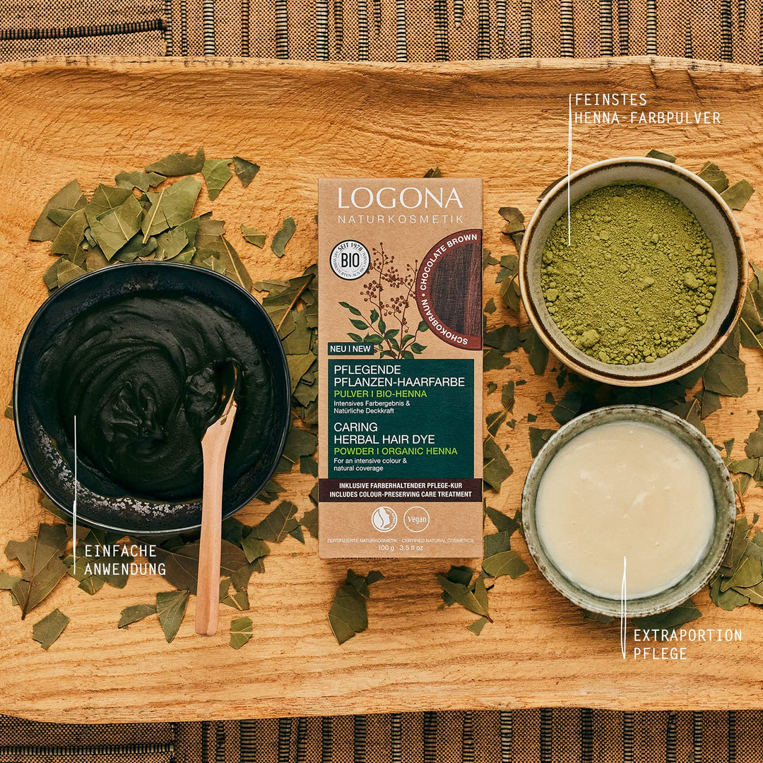 LOGONA Naturkosmetik Pflegende pflanzliche Haarfarbe, Veganes Haarfarbe-Pulver mit Bio-Henna für int
