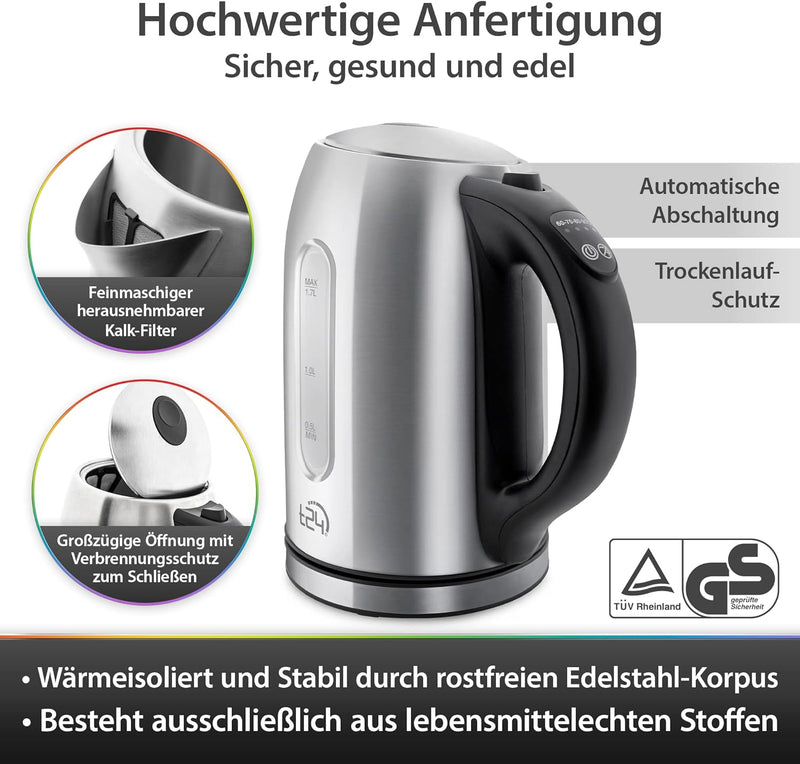 T24 Edelstahl Wasserkocher 1,7 L mit Temperatureinstellung 2200W, LED Beleuchtung-Farbe je nach Temp