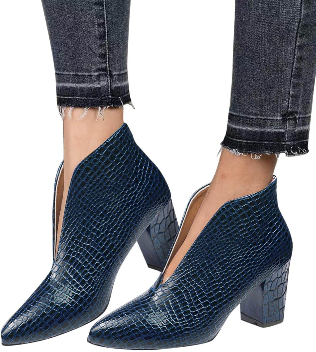 Stiefeletten Damen, Stiefeletten mit Absatz Blockabsatz Kurzschaft Schlangenhaut Winterstiefel Elega