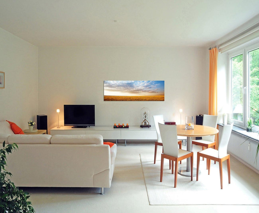 Paul Sinus Art Panoramabild auf Leinwand und Keilrahmen 150x50cm Sommerlandschaft Kornfeld Sonnenunt
