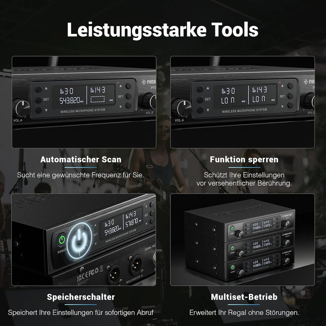Phenyx Pro Drahtloses Mikrofonsystem, Dynamisches Funkmikrofon, 2x100 Einstellbare UHF Dual, Auto Sc