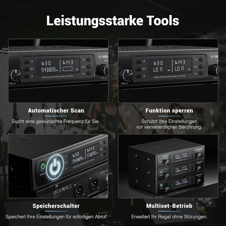 Phenyx Pro Drahtloses Mikrofonsystem, Dynamisches Funkmikrofon, 2x100 Einstellbare UHF Dual, Auto Sc