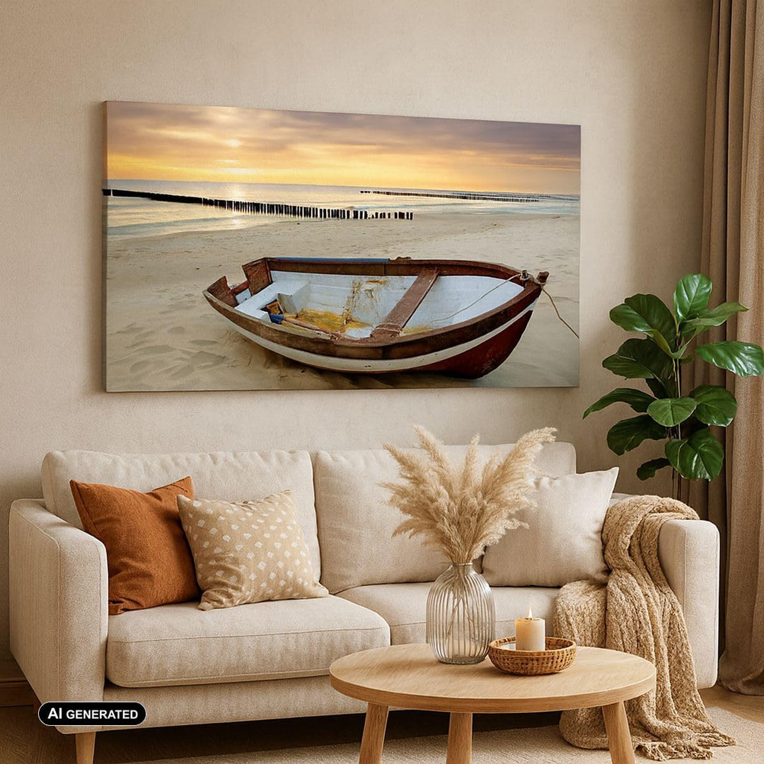 Wandbilder Dekoration Wohnzimmer Strand Boot Ostsee Sommer Panorama Bilder auf Leinwand 120x50cm Lei