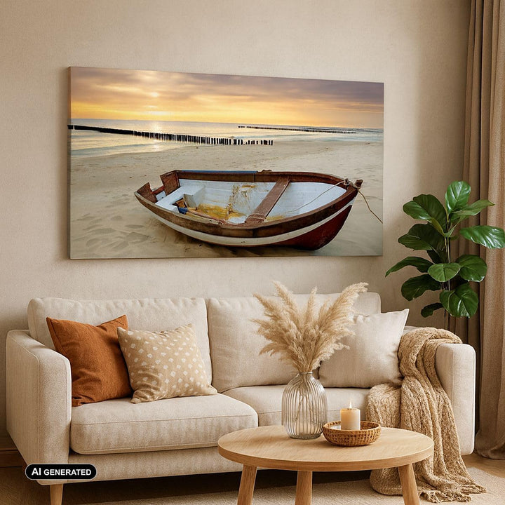 Wandbilder Dekoration Wohnzimmer Strand Boot Ostsee Sommer Panorama Bilder auf Leinwand 120x50cm Lei