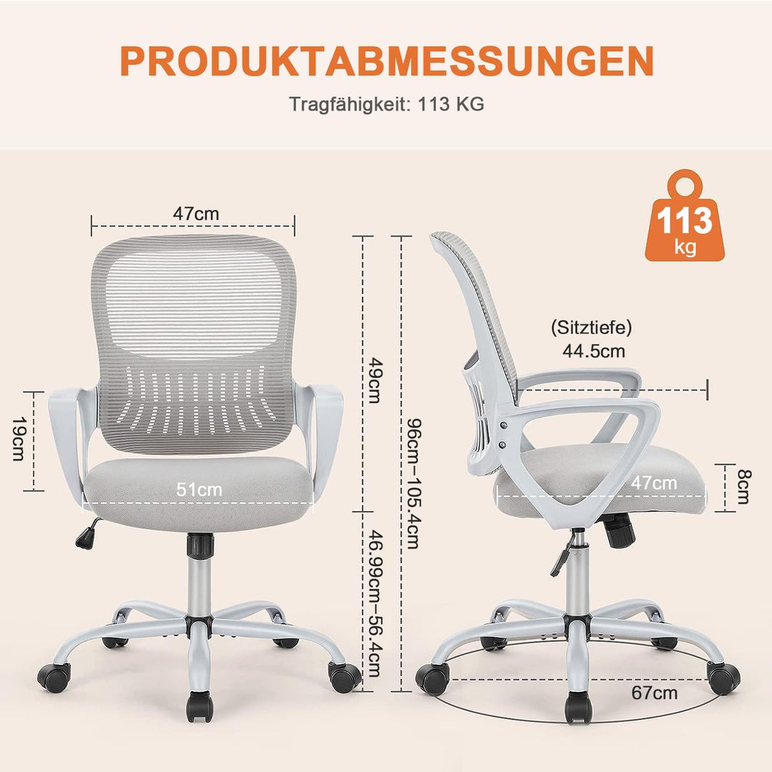 DUMOS Bürostuhl Ergonomisch, Schreibtischstuhl mit Lendenwirbelstütze, Drehstuhl mit Armlehne, Compu