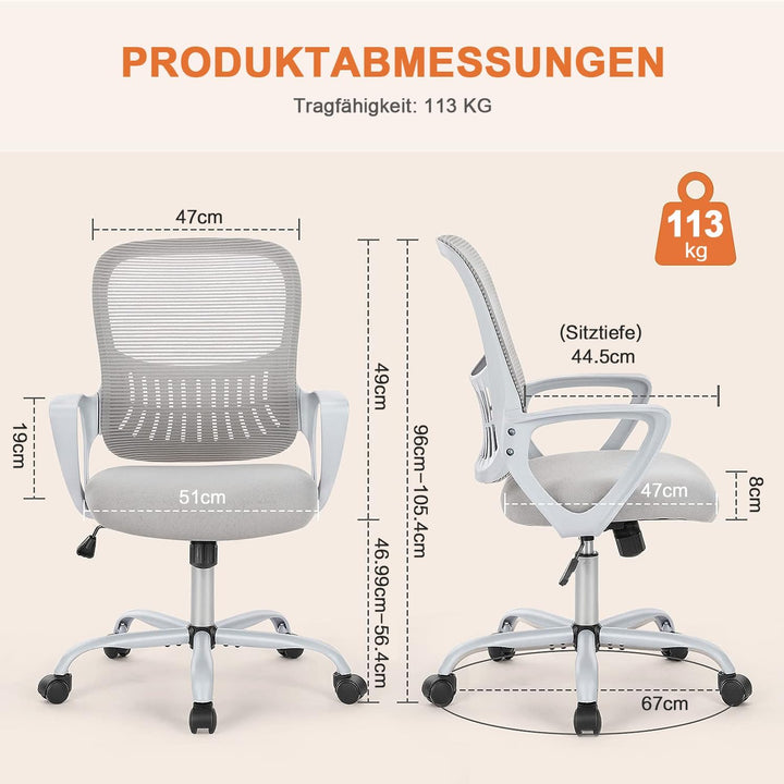 DUMOS Bürostuhl Ergonomisch, Schreibtischstuhl mit Lendenwirbelstütze, Drehstuhl mit Armlehne, Compu