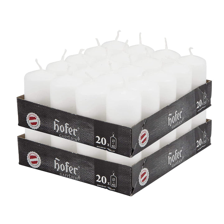 Hofer Stumpenkerzen Wachskerzen - Lange Brenndauer: 7 Stunden - 4 x 7 cm - Farbe Weiss - 40 Stück We