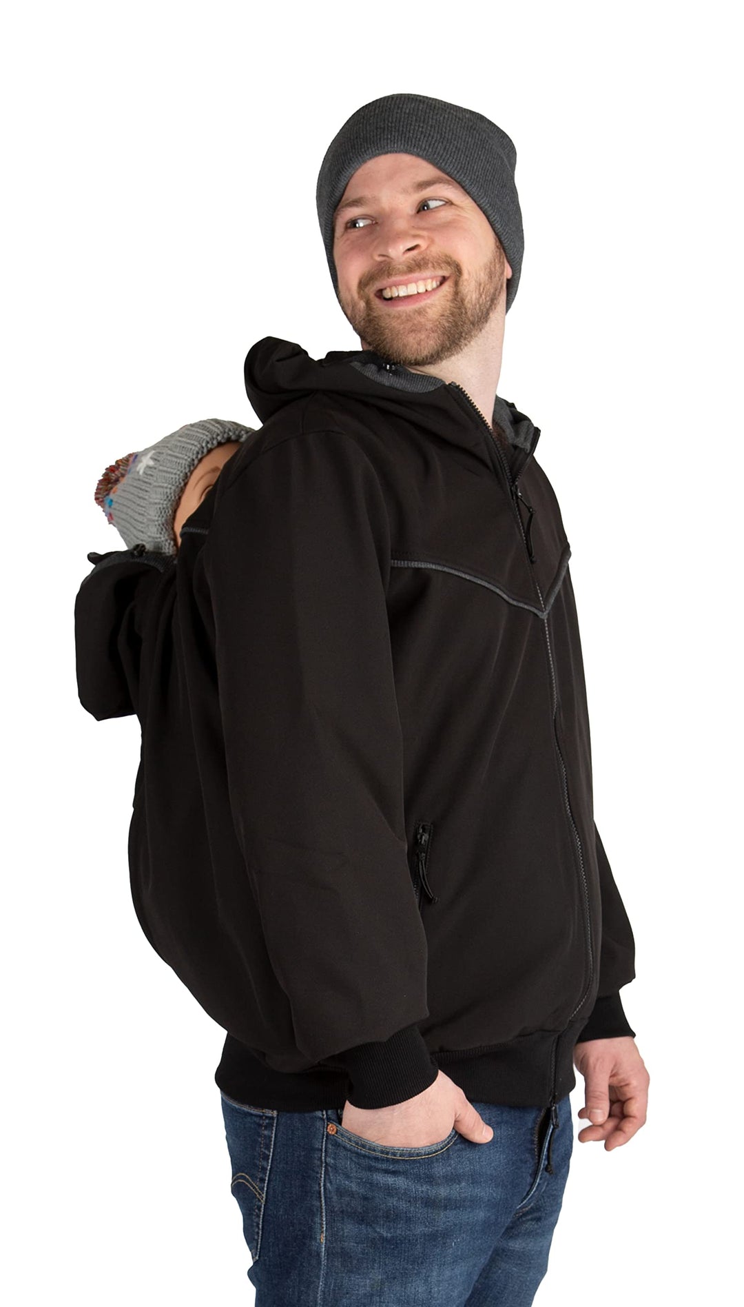 Viva la Mama - Männerjacke zum Babytragen aus Softshell - Explorer M Schwarz - mit Rückentragemöglic