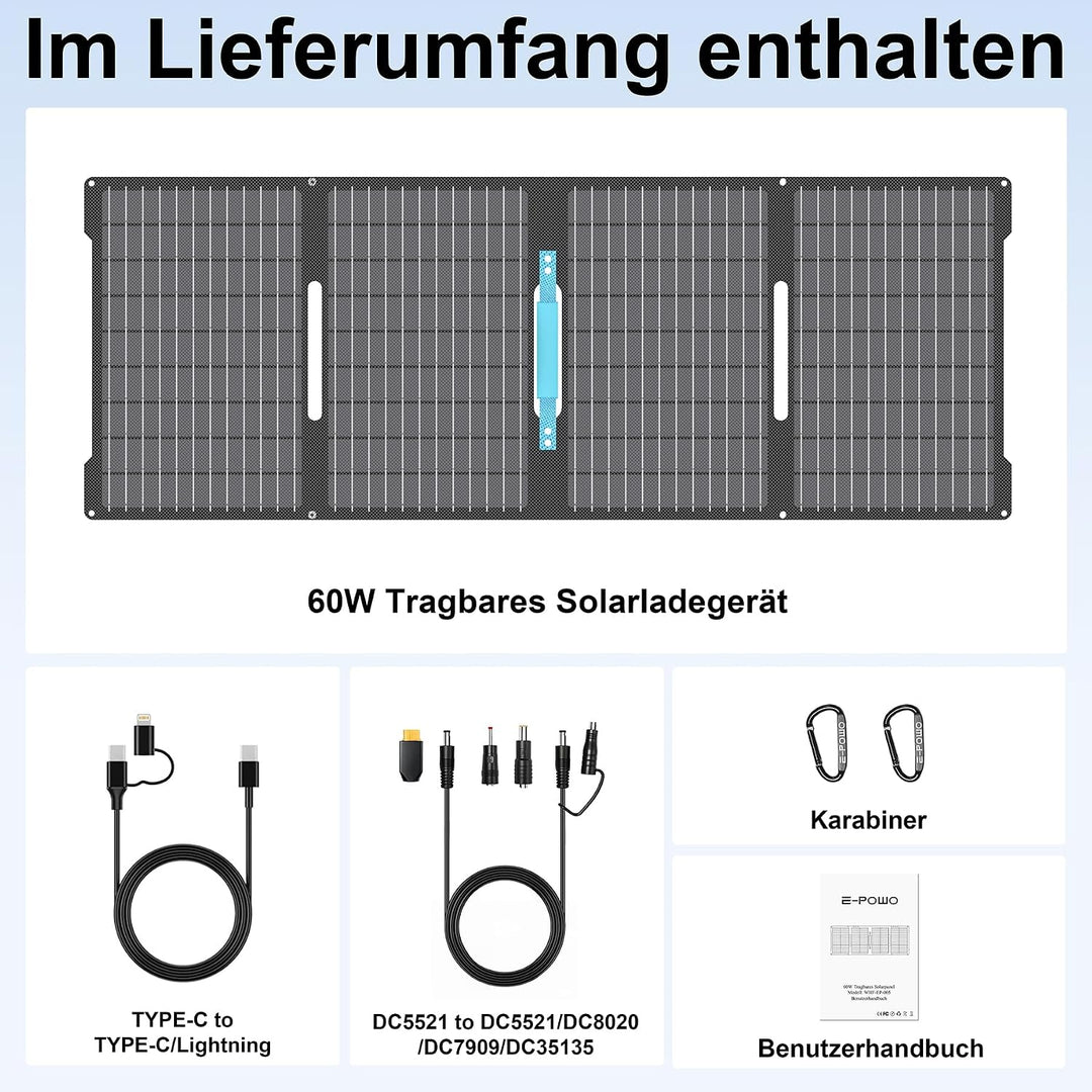 60W Faltbares Solarladegerät Tragbar, Monokristallin mit 24% Wirkungsgrad, IP67 Wasserdicht, 3 Ausgä