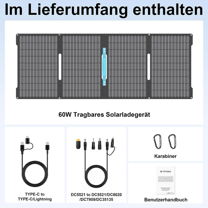 60W Faltbares Solarladegerät Tragbar, Monokristallin mit 24% Wirkungsgrad, IP67 Wasserdicht, 3 Ausgä