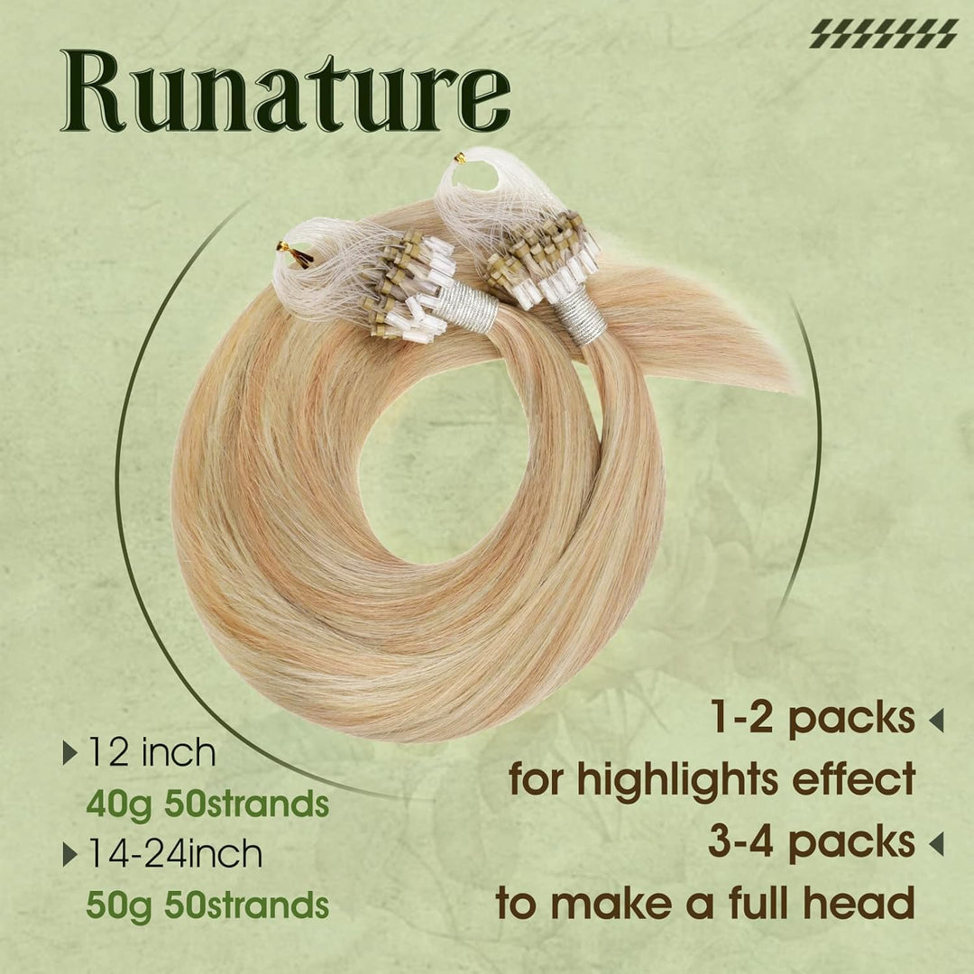 RUNATURE Microring Extensions Echthaar Blond Highlights 30cm 50s Extensions Echthaar Microring Aschb