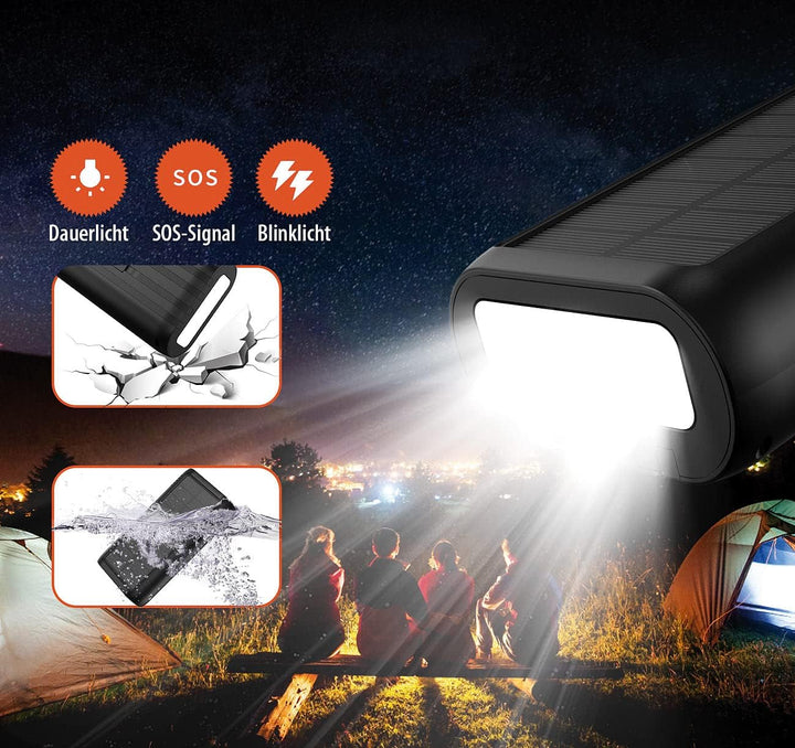 revolt Dynamo Solar Akkupack: Kurbel-Dynamo-Solar-Powerbank, 30.000 mAh, PD 20 W, Super Charge, LED