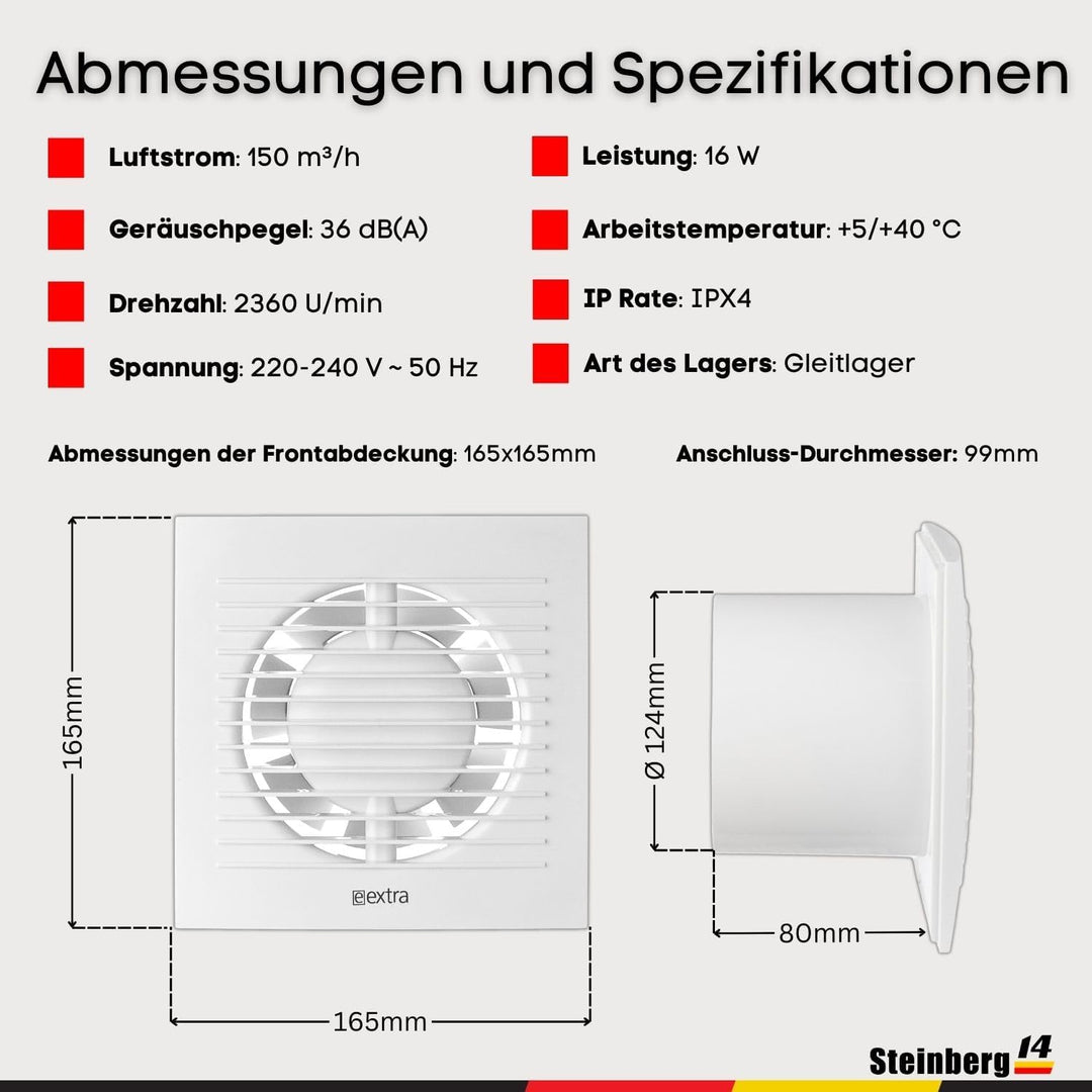 Steinberg14 Badlüfter 125mm Weiss mit Zugschnur und Stecker - Abluftventilator Ventilator Lüfter Bad