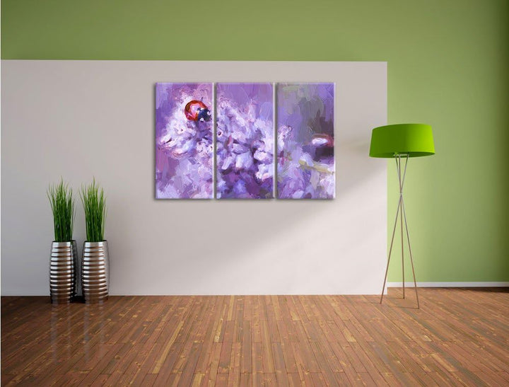 Pixxprint Marienkäfer auf Lavendel / 3-Teilig/Gesamtmass 120cm Leinwandbild bespannt auf Holzrahmen/
