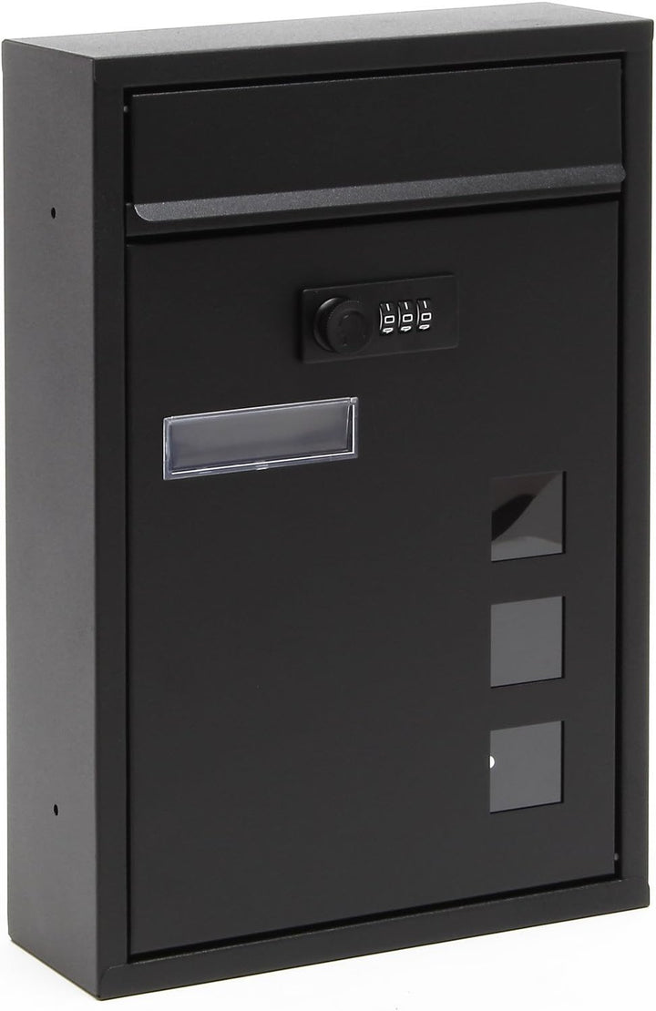Wiltec Briefkasten schwarz 215x320x90mm Briefkasten mit Zahlenschloss, Namensschild und Sichtfenster