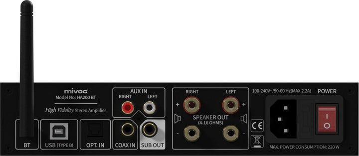 HA200 BT HiFi Verstärker, Stereo Verstärker, 2x100W, Bluetooth, optischer Eingang, Subwoofer Ausgang