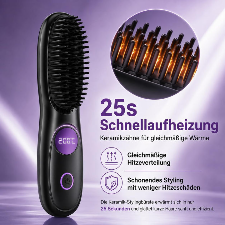 Glättbürste Kabellos, Stylingbürste für Kurze Haare mit LED Anzeige, 25s Keramikerwärmung Glättungsk