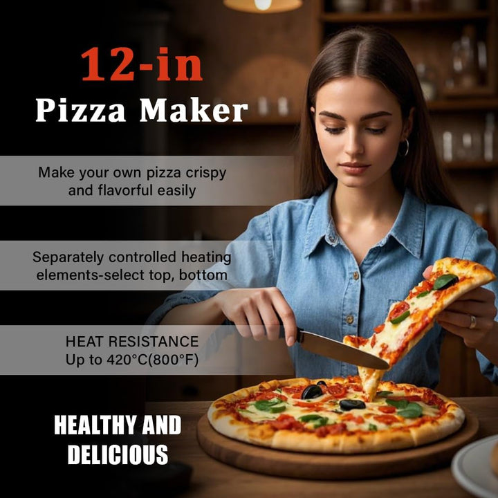 Pizzaofen Elektrisch,Pizzaofen für Zuhause mit 31cm Steinplatte, bis 420°C mit Pfanneneinsatz, 2x Pi