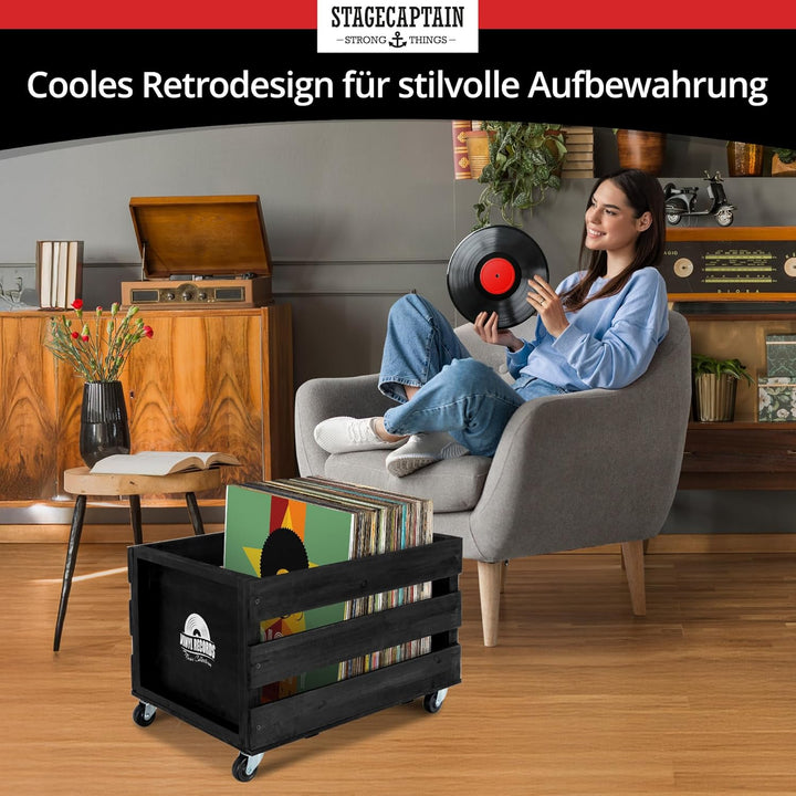 Stagecaptain SPK-100 BK Schallplattenkiste “Emil” - Aufbewahrungsbox für bis zu 100 LPs - aus Vollho