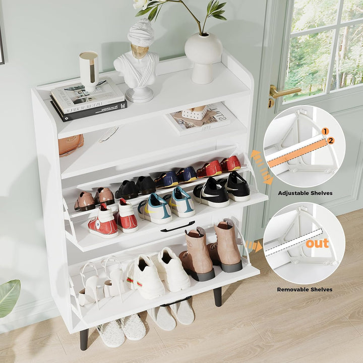 VOWNER Schuhschrank Schmal, Schuhkipper Schuhregal Schmal, mit 2 Klappen, mit Verstellbar und Abnehm