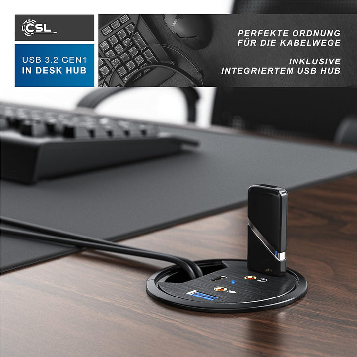 CSL - USB 3.0 In-Desk USB Hub - Tisch Kabeldurchführung - Tischkabeldose - 2 x USB 3.2 – 1 x USB C 3