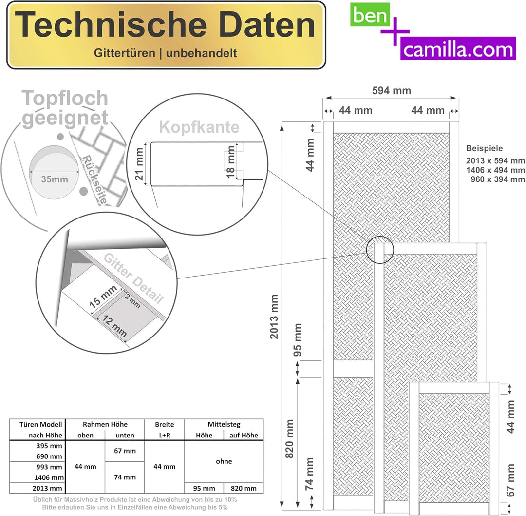 Gittertür 69 x 59,4 cm | Hochwertige Kiefer Massivholztüren - unbehandelt für Schrank- &amp; Möbelbau od