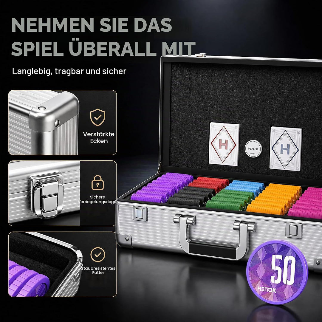 HEITOK Poker Set 1000 Chips – 11,5g ABS Pokerchips mit Werten – Robustes Set für Texas Hold'em & Cas