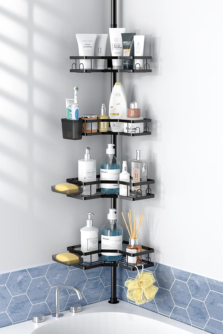 FINIBO Teleskop Duschregal Ohne Bohren, Teleskopregal Bad Duschablage mit 4 Dusche Eckregal, 43.5-12
