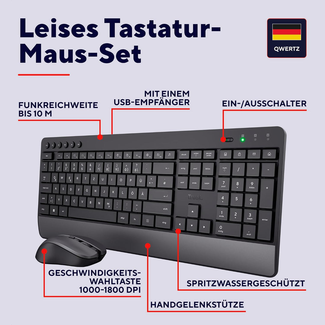 Trust Tastatur Maus Set Kabellos, Deutsches QWERTZ-Layout, Nachhaltiges Design, Kabellose Tastatur m