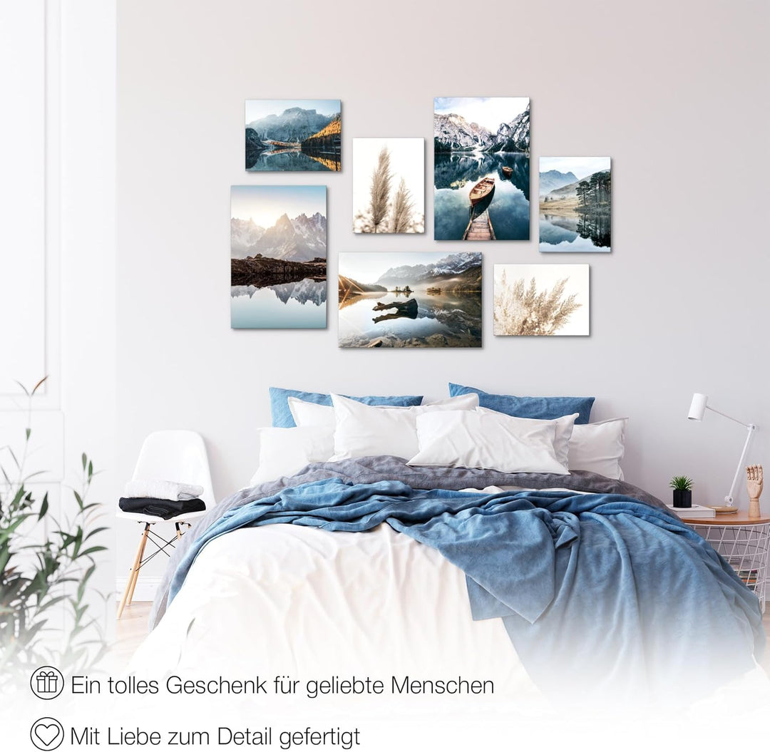 Novart Wandbilder See Berge Blau - KOMPLETT AUFHÄNGFERTIG - Natur Wohnzimmer Schlafzimmer Flur - 7 M
