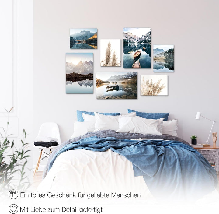 Novart Wandbilder See Berge Blau - KOMPLETT AUFHÄNGFERTIG - Natur Wohnzimmer Schlafzimmer Flur - 7 M