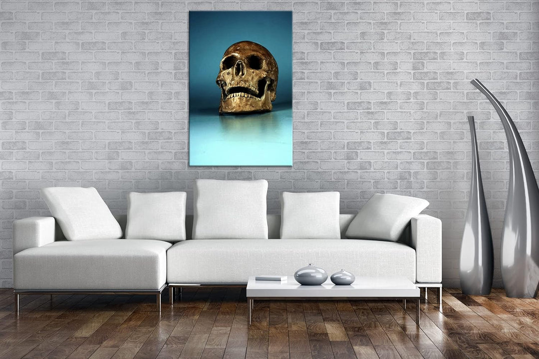 deyoli goldener Schädel im Format: 80x60 als Leinwandbild, Motiv fertig gerahmt auf Echtholzrahmen,