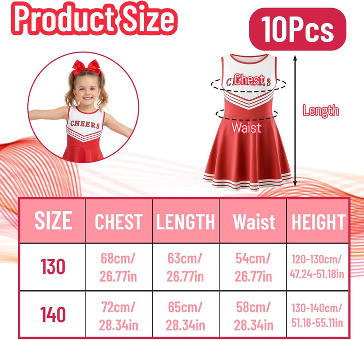 Cheerleader Kostüm Kinder, Cheerleading Outfit, 10 Stück Faschingskostüme Kinder für Komplettes Set