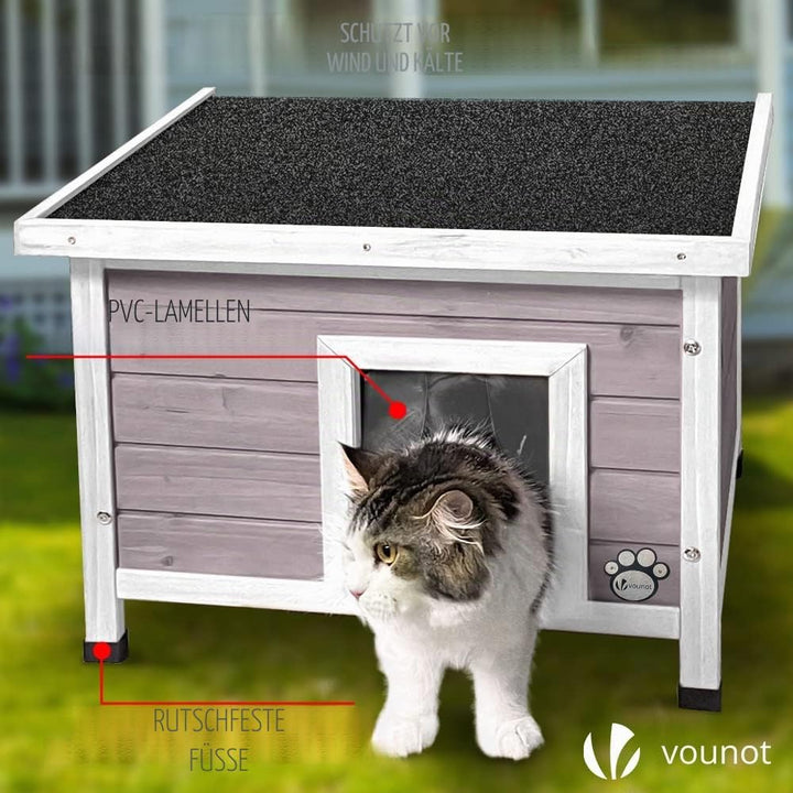 VOUNOT® Katzenhaus aus Holz, Katzen Haus mit Asphaltdach, Katzenhütte für Draussen Outdoor 57 x 45 x
