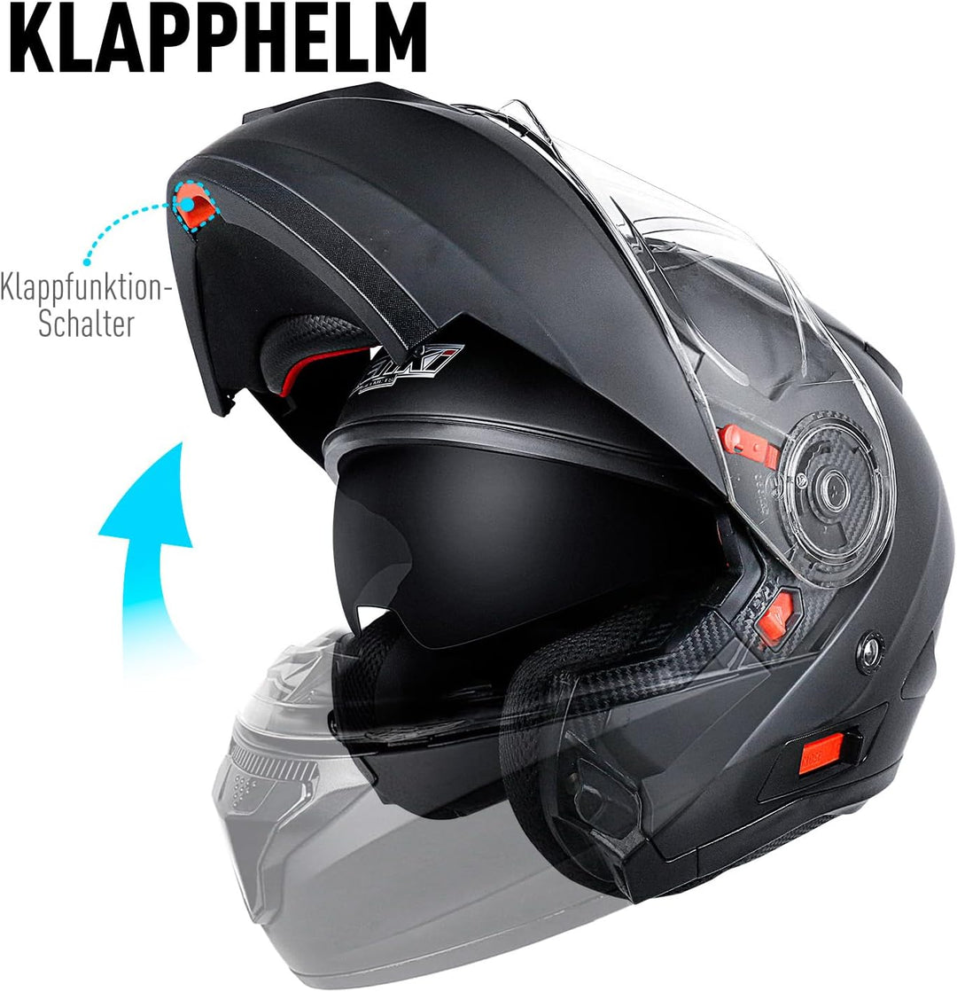 Helm Motorrad, Motorradhelm Zertifiziert nach ECE 22.06, Klapphelm Motorrad Herren, Schwarzer und Gr