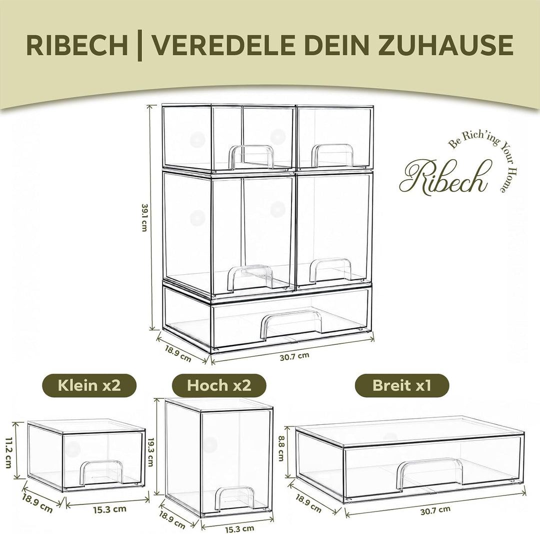 5er-Set Stapelbare Aufbewahrungsschubladen aus Acryl | Transparent mit Griffen, Einfache Montage für