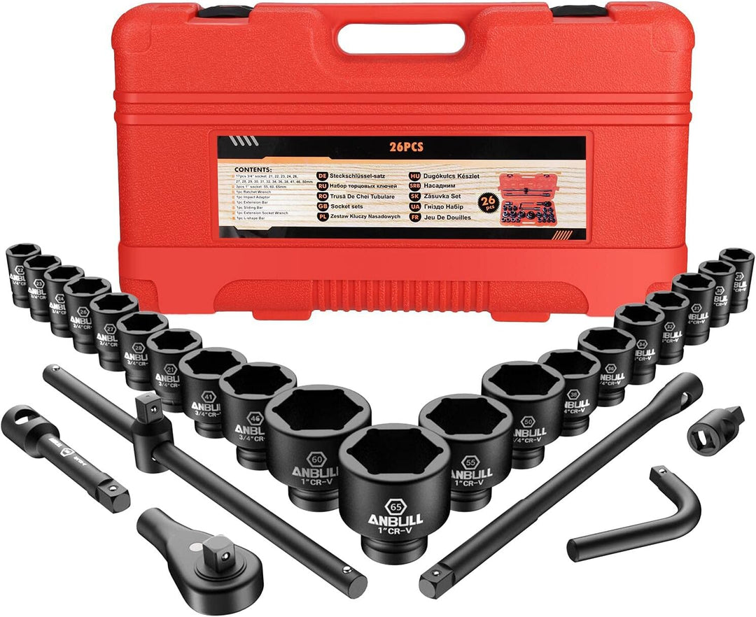 Anbull 3/4" and 1" Schlagschrauber Nuss Set, 26 Pcs Impact Socket Set Steckschlüsselsatz Satz, Metri