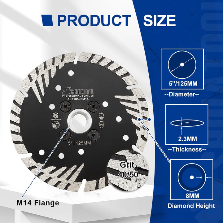 SHDIATOOL Diamant-Trennscheibe 2 Stücke 125mm x M14 mit Turbo schrägen Schutzzähnen für Beton Backst