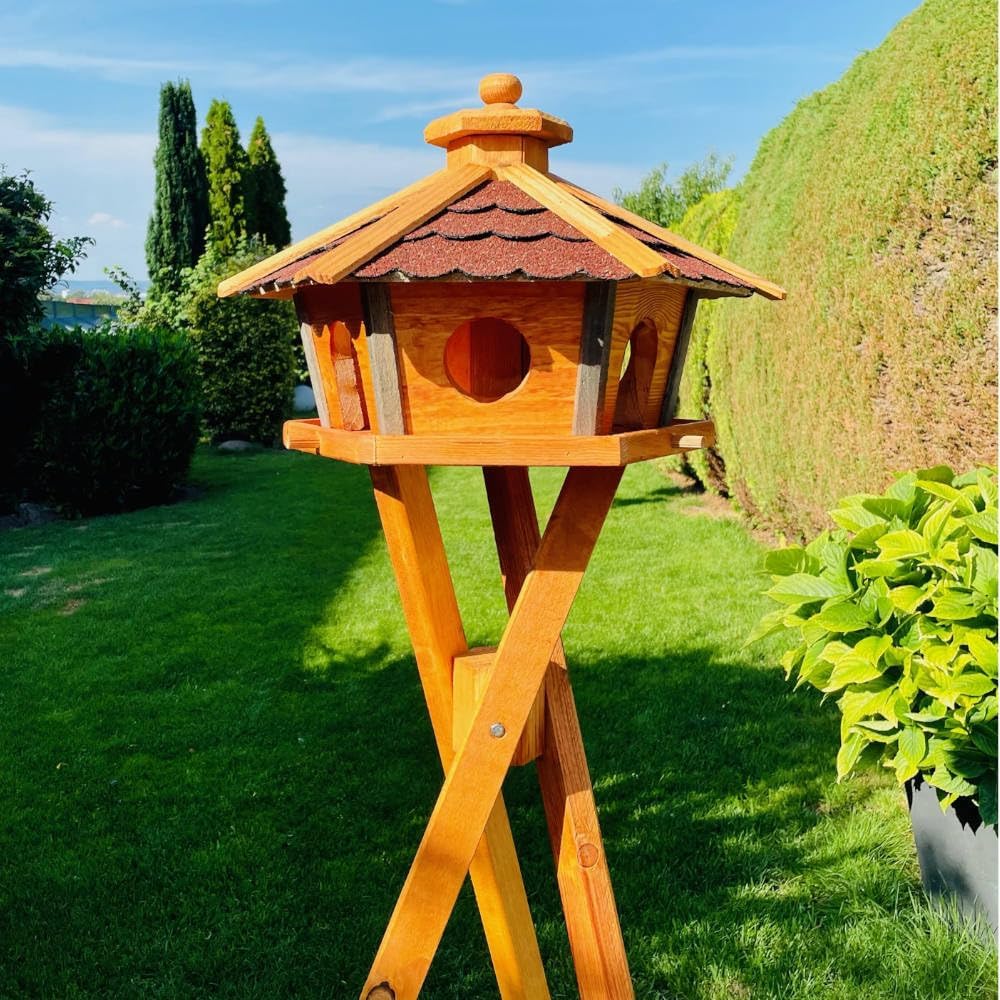 Vogel Futter Haus L oder XL Sechseck Holz Vogelhaus Futterstelle Braun/Blau, Rot, Schwarz und Grün (