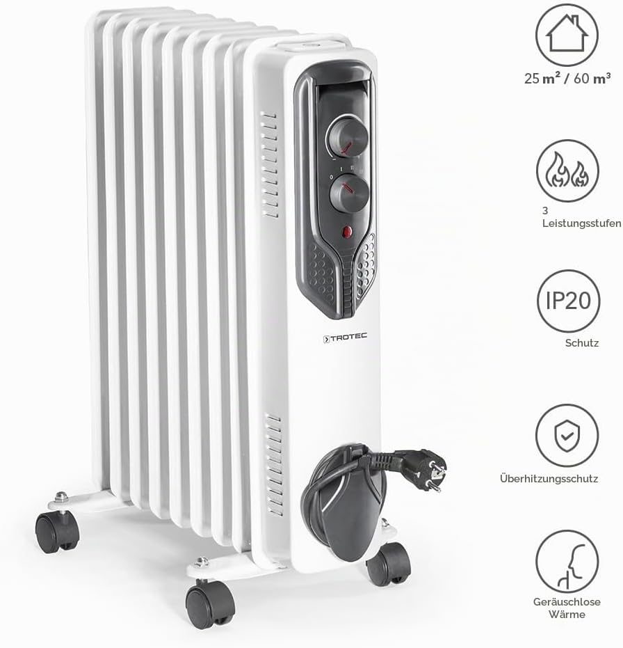 TROTEC Radiator Heizung TRH 20 E – Heizleistung 800 W / 1200 W / 2000 W – Elektro Heizkörper, 9 Ripp