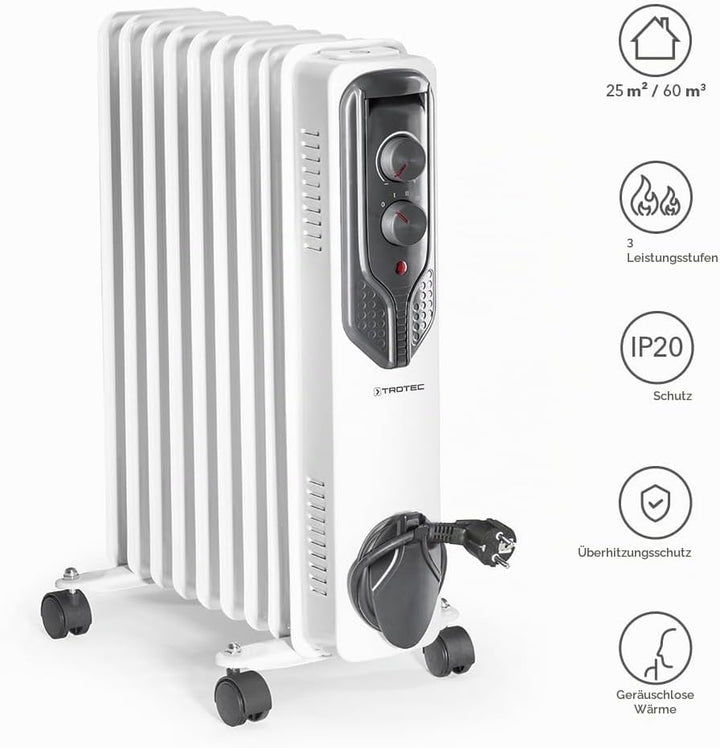 TROTEC Radiator Heizung TRH 20 E – Heizleistung 800 W / 1200 W / 2000 W – Elektro Heizkörper, 9 Ripp